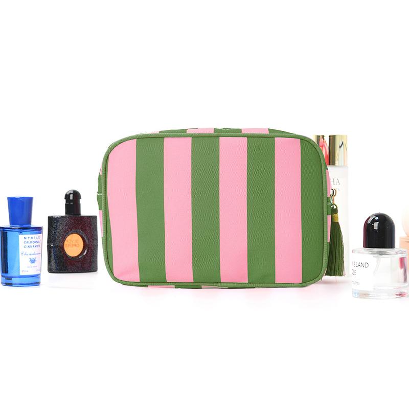 Contrast Color Striped Tassel Pendant Makeup Bag Large Capacity Portable Toiletry Bag Casual Travel Storage Cosmetic Bags