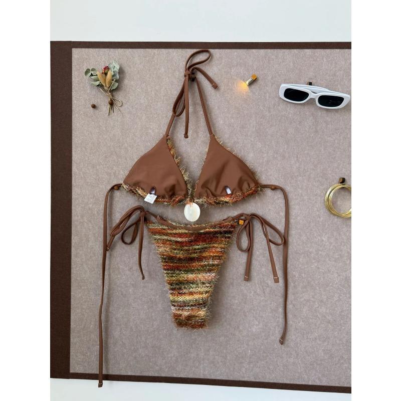 Sexy Coffee Striped Micro Bikini 2026 Women Towel Cloth Circle Push Up Bra Tie Side Thong Swimsuit Bathing Suit Holiday Swimwear