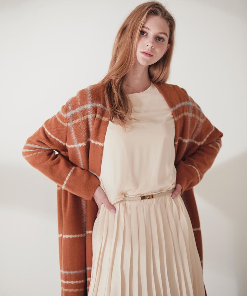 Not No-Button Wool Check Long Cardigan