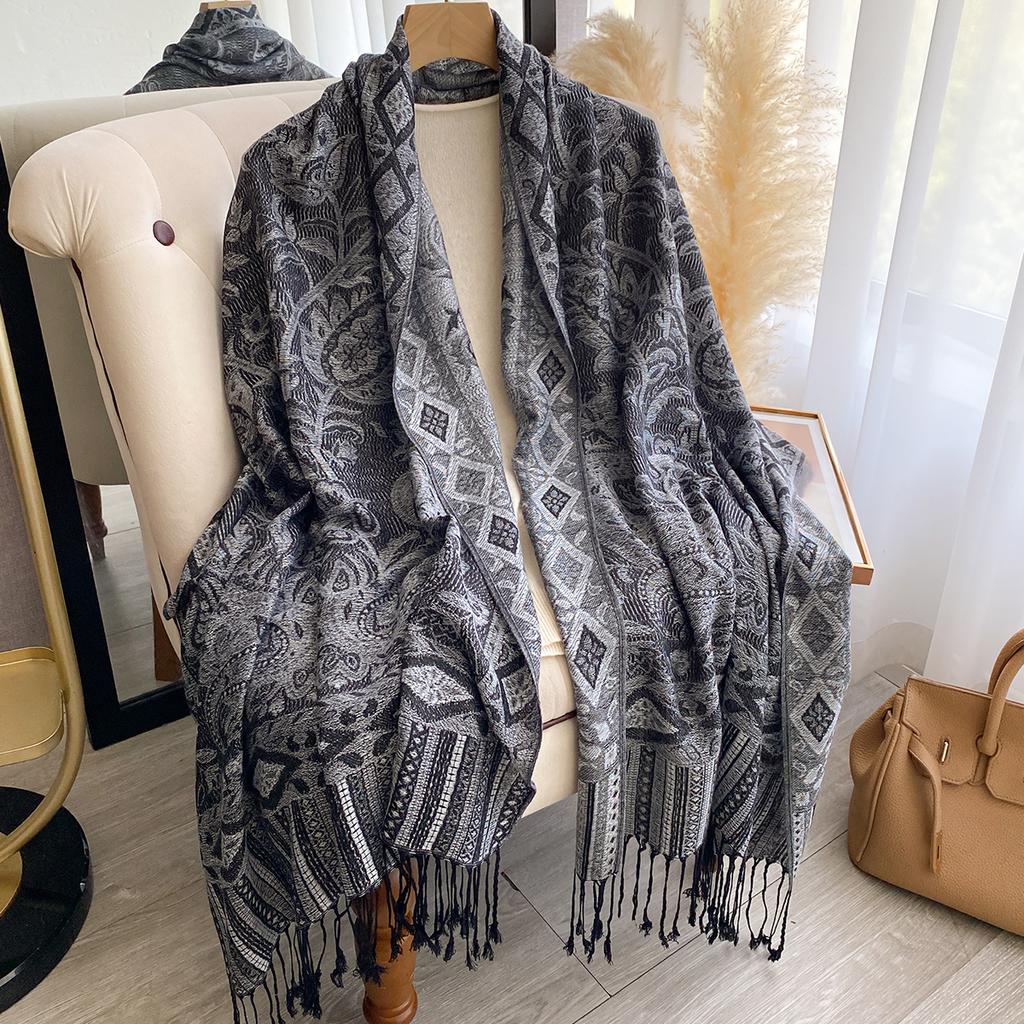 Luxury Women's Cashmere Winter Scarf - Embroidered Printed Shawl with Tassels Chunky Headscarf & Pareo Cape
