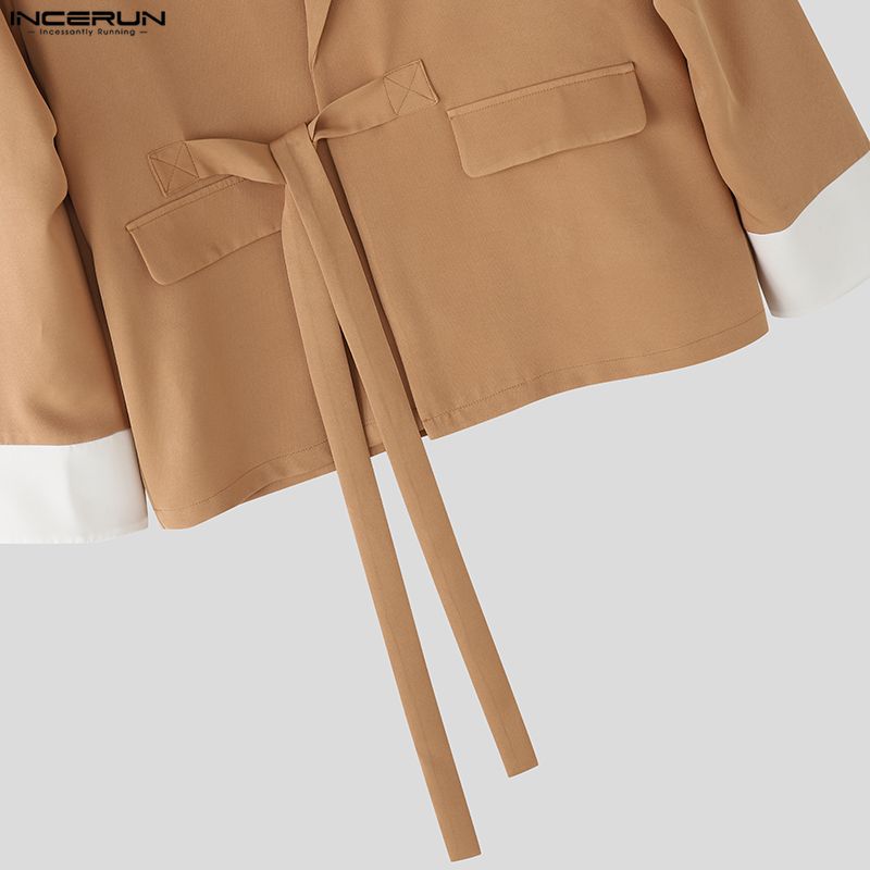 INCERUN Two Pieces Men Long Sleeve Lace-up Thin Blazer Long Straight Pants Loose Sets