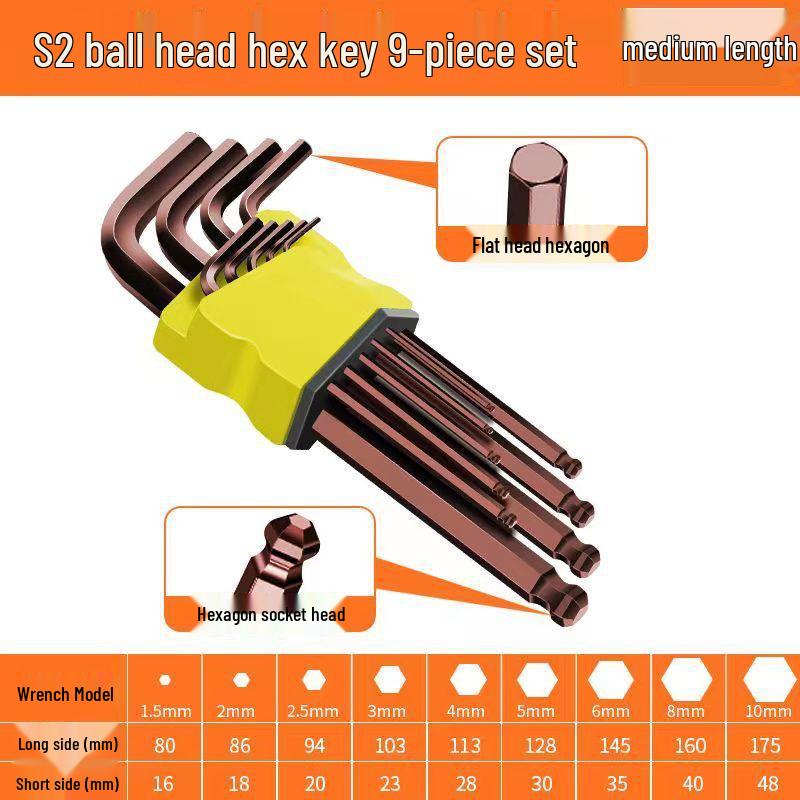 9-Piece Ball End Hex Key Set - Hexagonal 6-Point Screwdriver Wrench