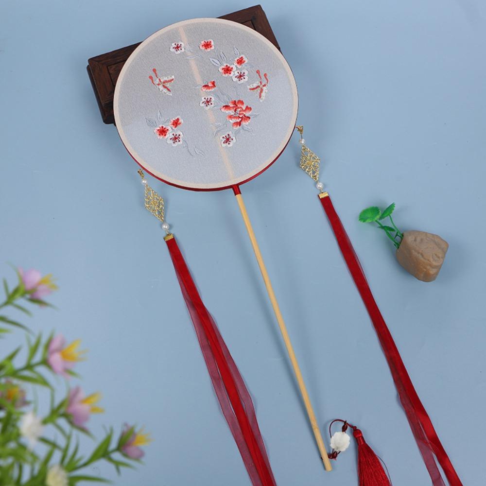 Embroidered Chinese Style Round Fan Classical Hanfu Hand Fan Long Handle Silk Fan Hanfu Cheongsam