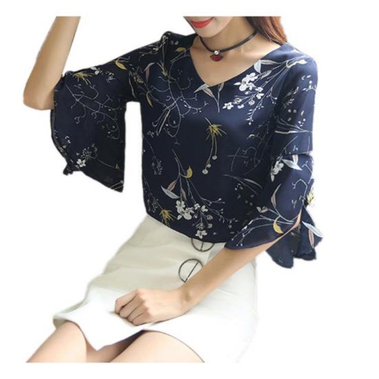 

Chiffon Blouse Flower Print V Neck Half Flare Sleeve Office Lady Fashion Shirt XXXL темно-синього кольору