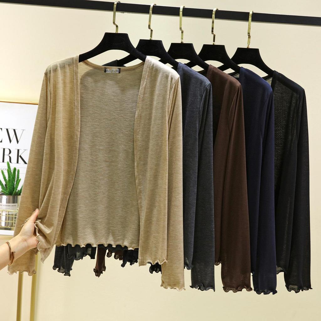 Dámský lehký kardiganový šál s dlouhým rukávem na jaro/léto 2025 - Slim pletená klimatizační bunda