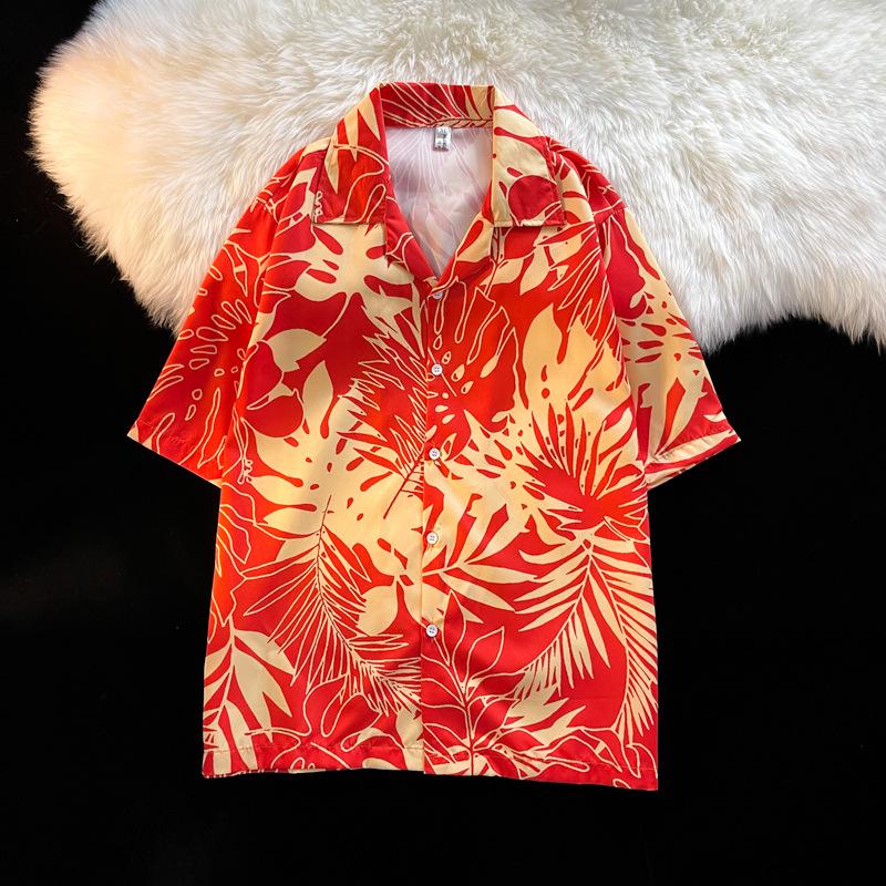 Unisex Vintage Kubakrage Blomsterskjorte - Løs passform, Hong Kong-stil, Kort erm, Perfekt for strand og par