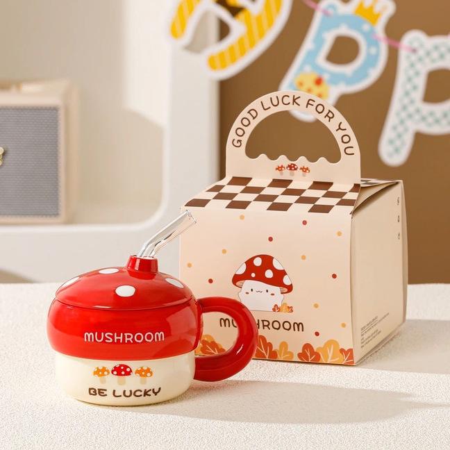 Cute Mushroom Ceramic Straw Cup, High-value Souvenir, Mug for Girlfriends, Couples, Water Cup with Lid
