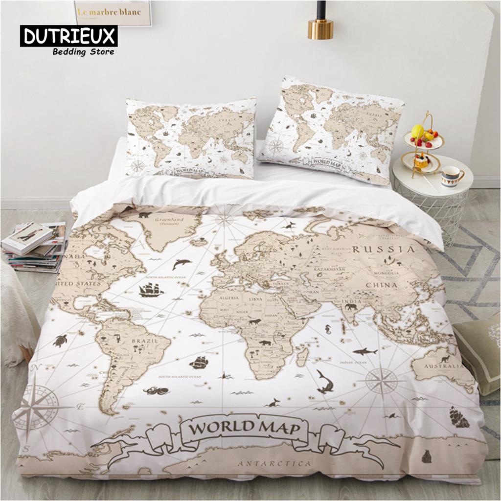 Compass Duvet Cover Vintage World Map Bedding Set Nautical Compass On Background Old Map Comforter Cover For Kids Adults Decor