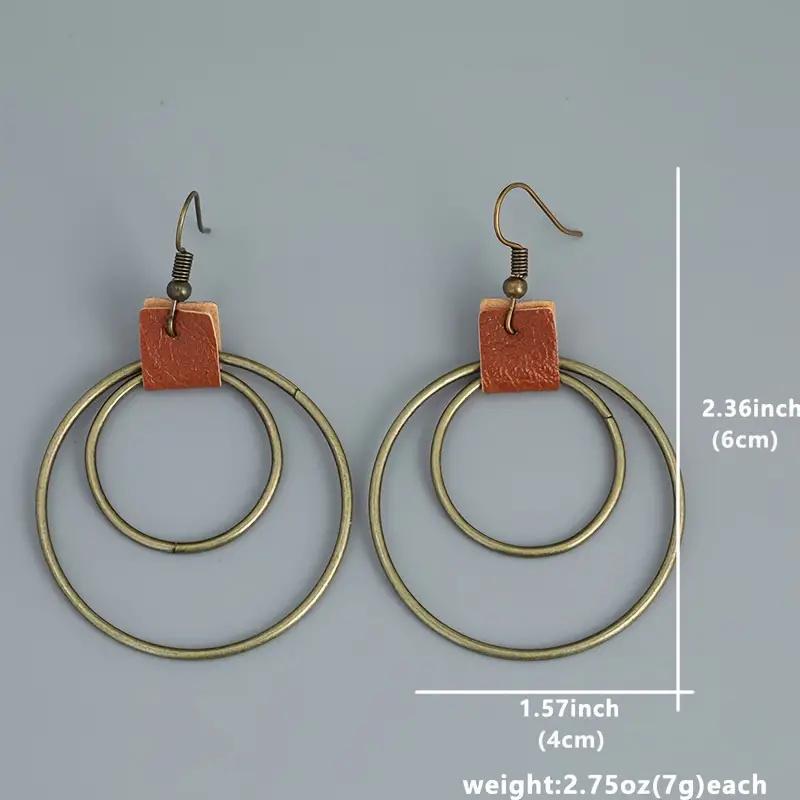 Ethnische Antikbronze Doppelkreis Ohrringe Vintage Persönlichkeit Leder Hängeohrringe für Damen Schmuck