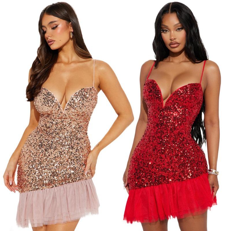 Women's Sequin Halter Dress Dinner Dress Wrap Hip Short Dress Patchwork Lotus Hem