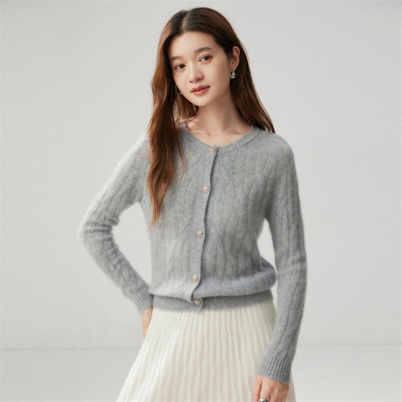 Women's Round Neck Button-Up Cardigan: 75% Cashmere, 25% Mulberry Silk, Cable Knit, Long Sleeve Sweater Coat