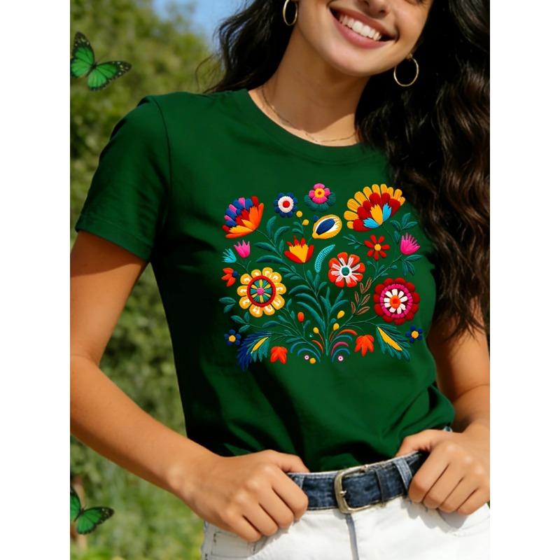 Mexican Colorful Floral Festival Letter Printed T-shirt, Women's Casual Short Sleeved Round Neck Top