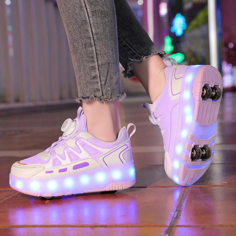 Children Four Wheels Luminous Glowing Sneakers Black Pink Led Light Roller Skate Shoes Kids Led Shoes Boys Girls USB Charging