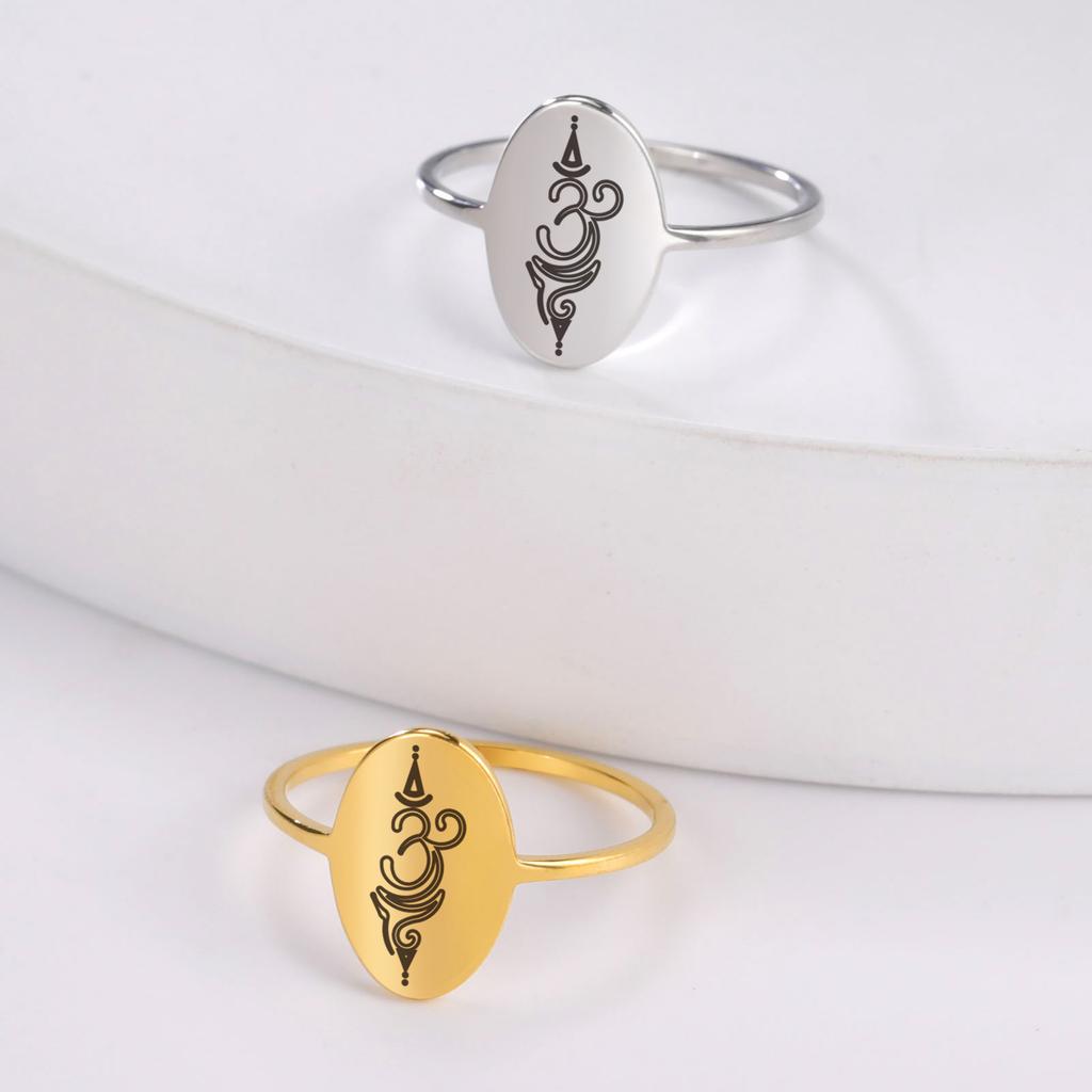 LIKGREAT Yoga Lotus Unalome Symbol Ring Buddhist Indian Om Ring Healing Charms Amulet Geometric Oval Stainless Steel Jewelry