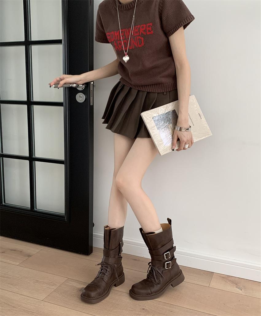 

Cowhide version~ retro versatile Martin boots 2025 autumn new British style Martin boots medium tube thick heel belt buckle women 39 коричневый