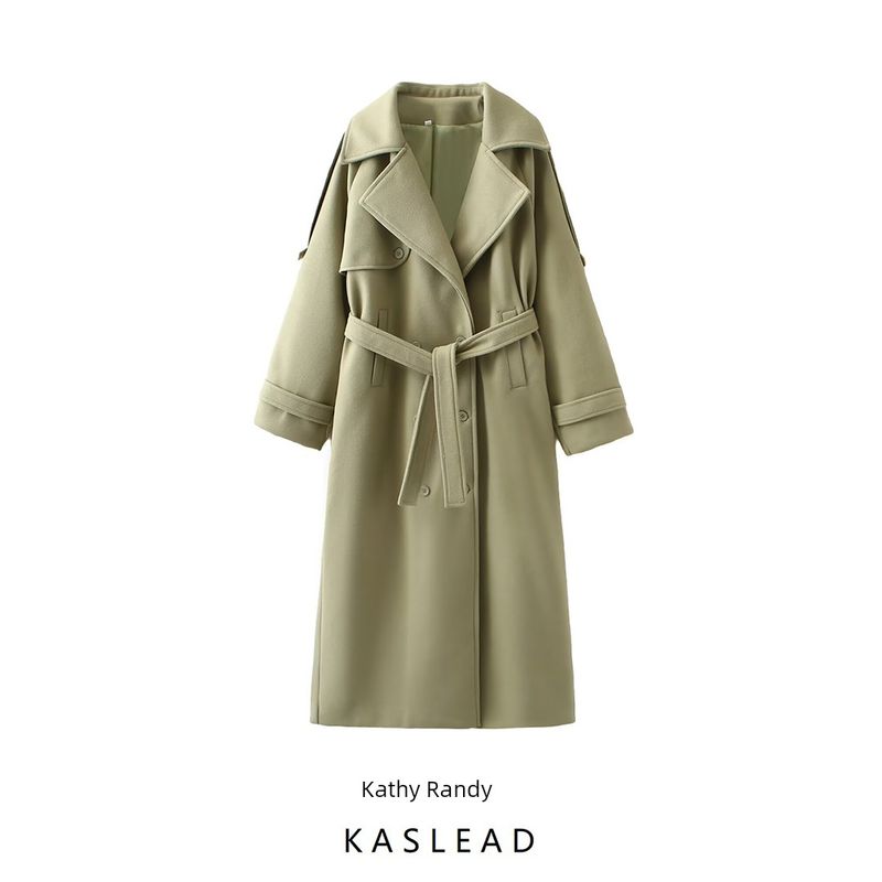 Kaslead New Women Clothes Western Style Fashion Simple Green Long Woolen Trench Coat Outerwear