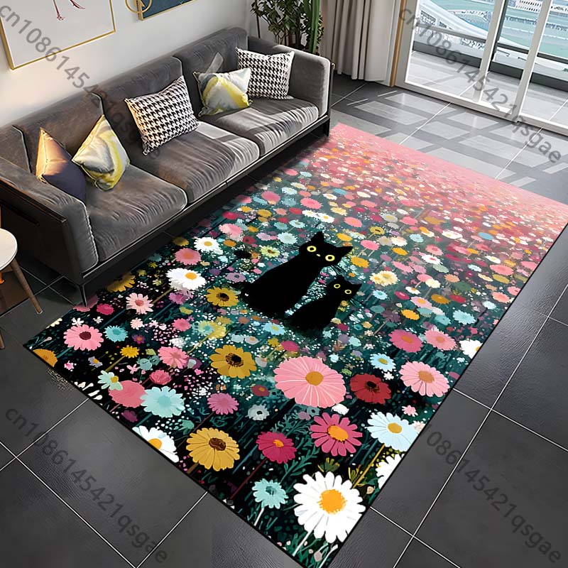 Multiple sizes two black cats in vibrant wildflowers Print Carpet for Living Room Bedroom Sofa Home Decor Non-slip Mat Gift