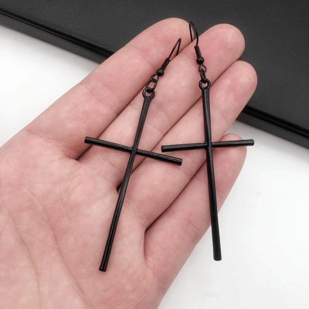 Gothic Minimalist Black Silver Color Large Cross Pendant Dangle Earrings for Women Halloween Party Punk Jewelry Accessories Gift