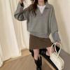 Turn-down collar, scissor collar, long-sleeve knit shirt for women, new loose plus-size thickened pullover top, export autumn and winter