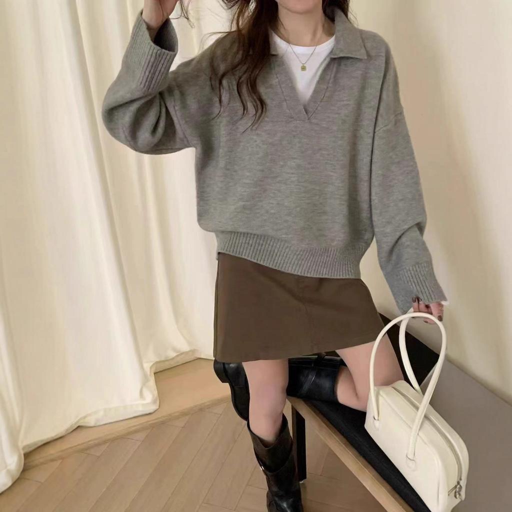 Turn-down collar, scissor collar, long-sleeve knit shirt for women, new loose plus-size thickened pullover top, export autumn and winter
