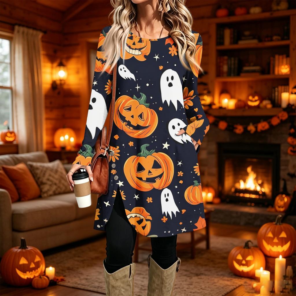 Damen Freizeitkleid mit Print, Langarm, Rundhalsausschnitt für den Alltag