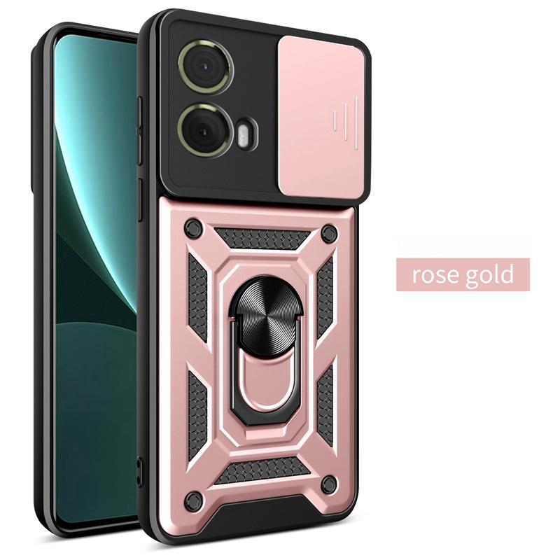 

Slide Lens Protect Shockproof Armor Case For Motorola Moto G85 G75 G55 G35 5G G04 G04S G24 G34 E14 Magnet Car Holder Ring Cover For Moto E14 рожевий колір золота