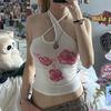Asymmetrical Halter Crop Top y2k Floral Print Sleeveless White Tank Tops Women Basic Tees Vintage Sexy Camisole Harajuku