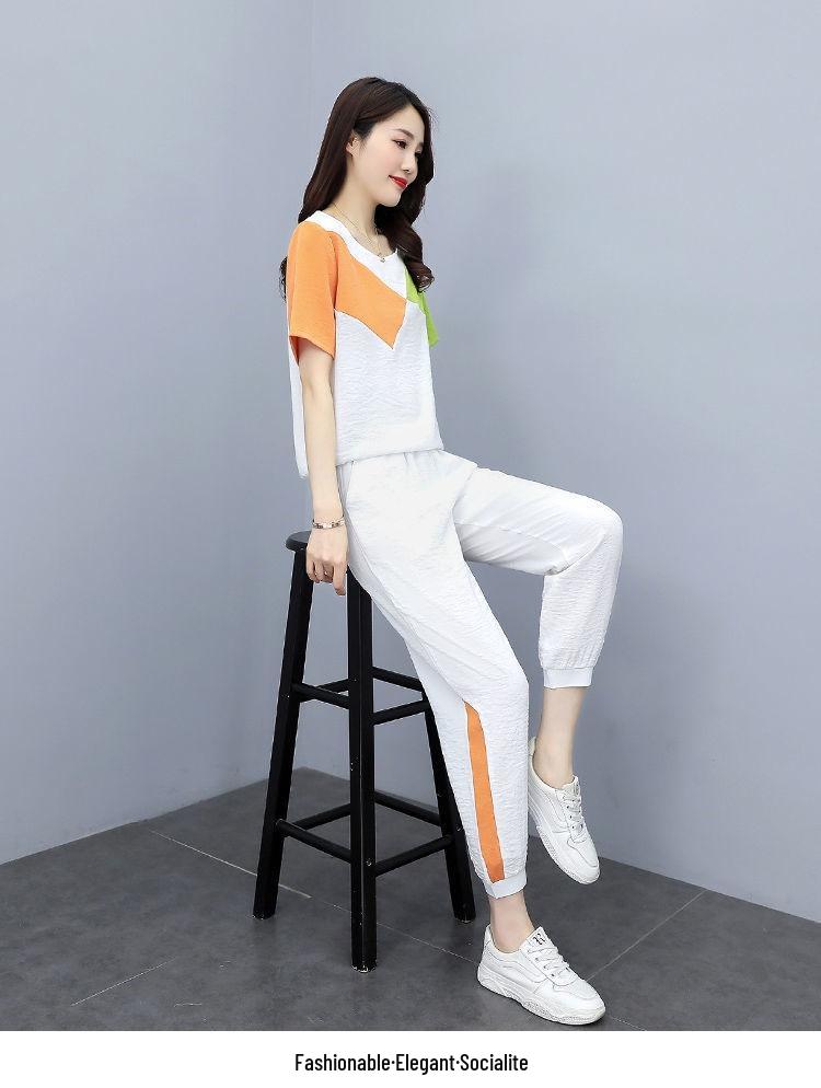 Plus Size Color Block Two-Piece Sportswear Set: Short Sleeve T-shirt & Jogger Pants