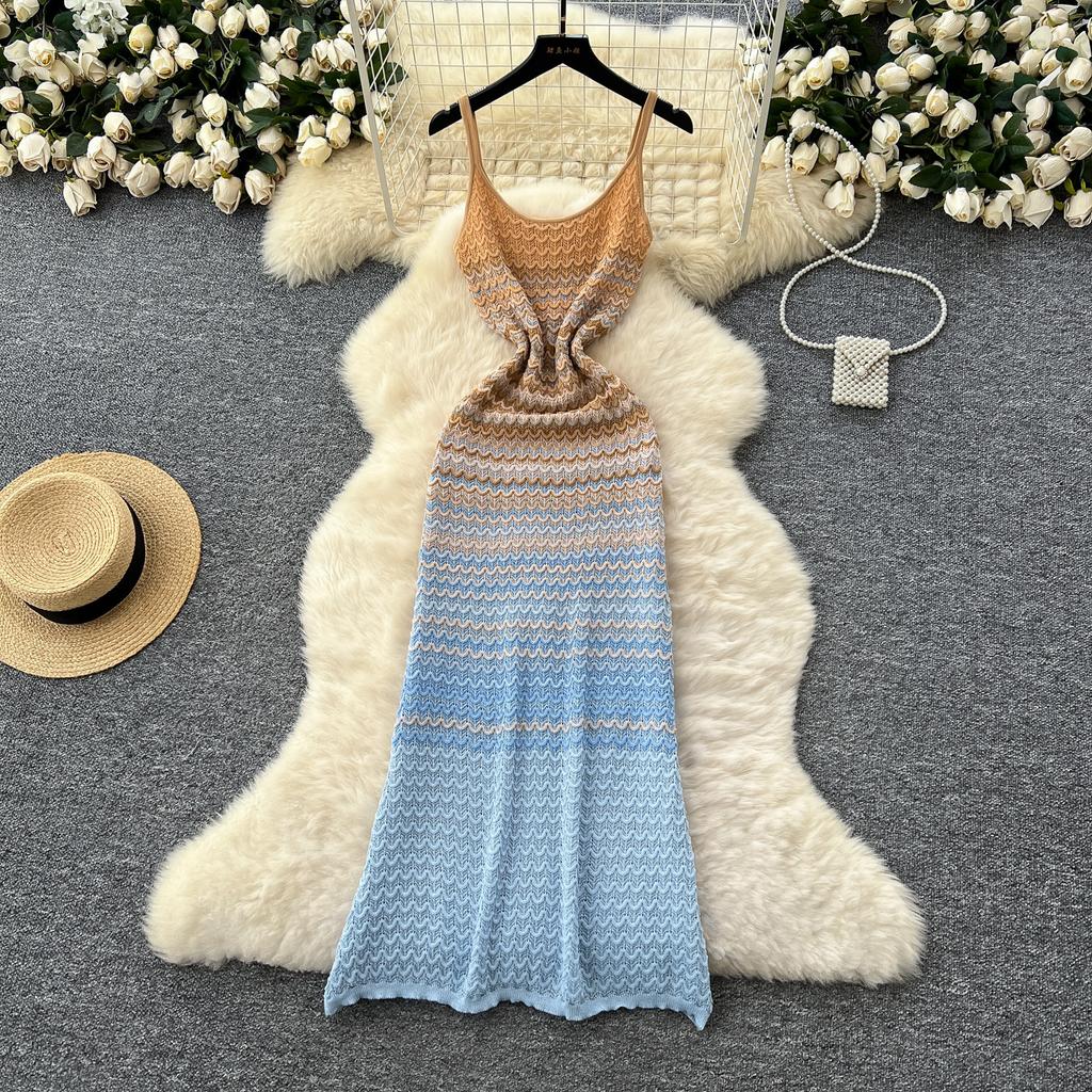 Sweet Spaghetti Strap Knit Dress 2026 Summer Beach Resort Style Trendy Gradient Color Dress