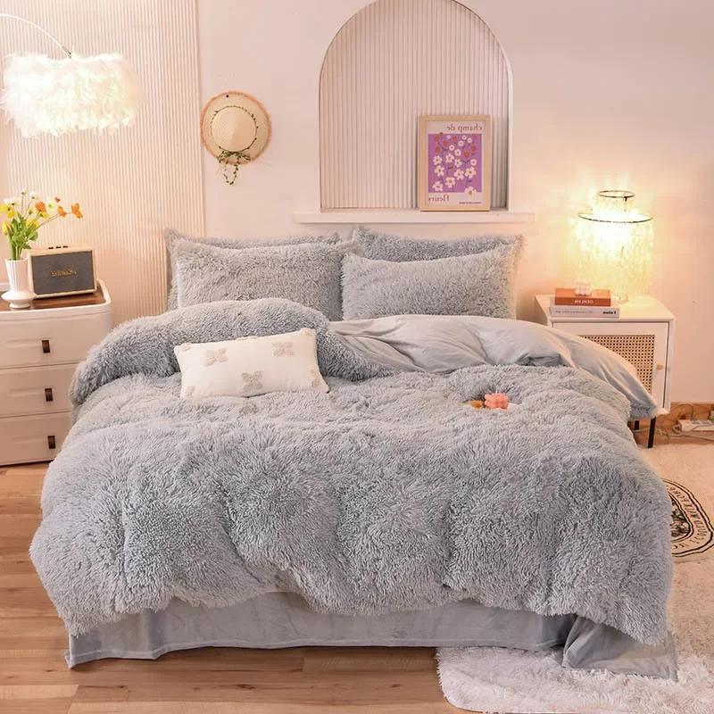 3/4PCS Winter Warm Plush Duvet Cover Pink Mink Velve+fluffy Flannel Quilt Cover Queen King Size Luxury Double Bed Bedding Set