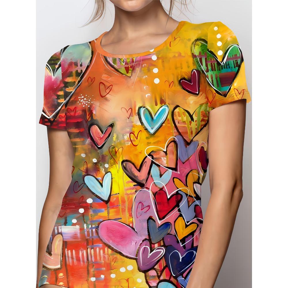 Women's hand-painted heart graffiti printed T-shirt - bright and colorful short-sleeved crew neck top,