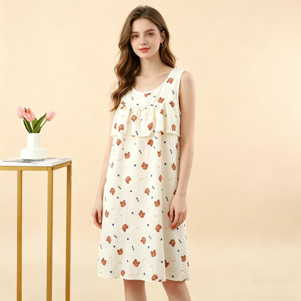 Summer Women's Floral Tank Dress Sleeveless Sleepdress Cloud Silk Cotton Anti-Bulge Camis Nightdress Loose Plus Size Loungewear Casual Wear Nightgown