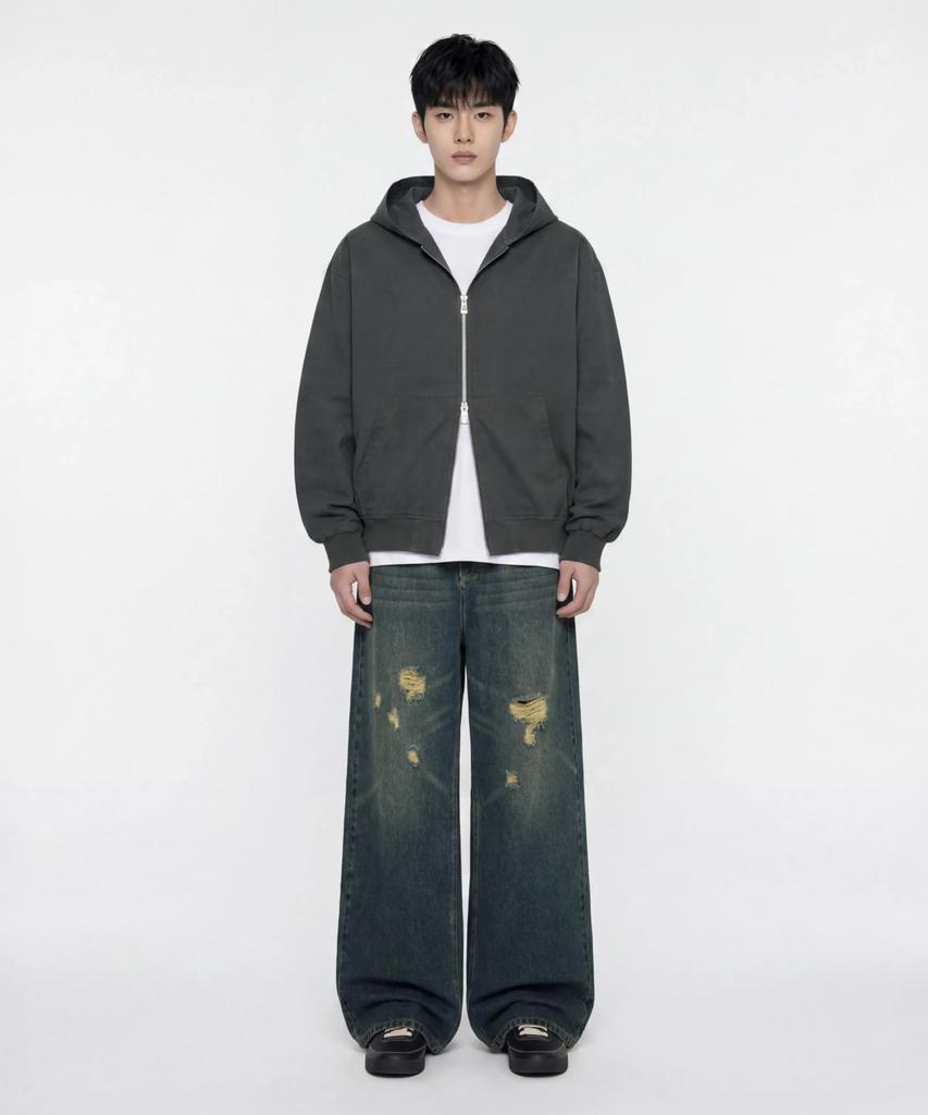 AGOD Vintage Washed Damaged Wide Denim Pants [Sand Indigo]