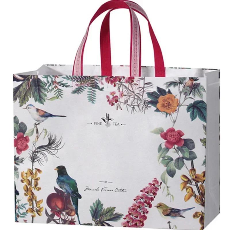 10PCS Rose Printing Packaging Shopping Bag Handle Waterproof Non Woven Fabric Gift Bags Black Clothing Store HandBag