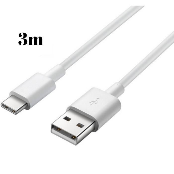 Cable USB-C pour Xiaomi REDMI 9 - REDMI 9T - REDMI NOTE 9T - REDMI NOTE 8T - Cable chargeur Type USB-C Blanc 3 Mètres Phonillico®