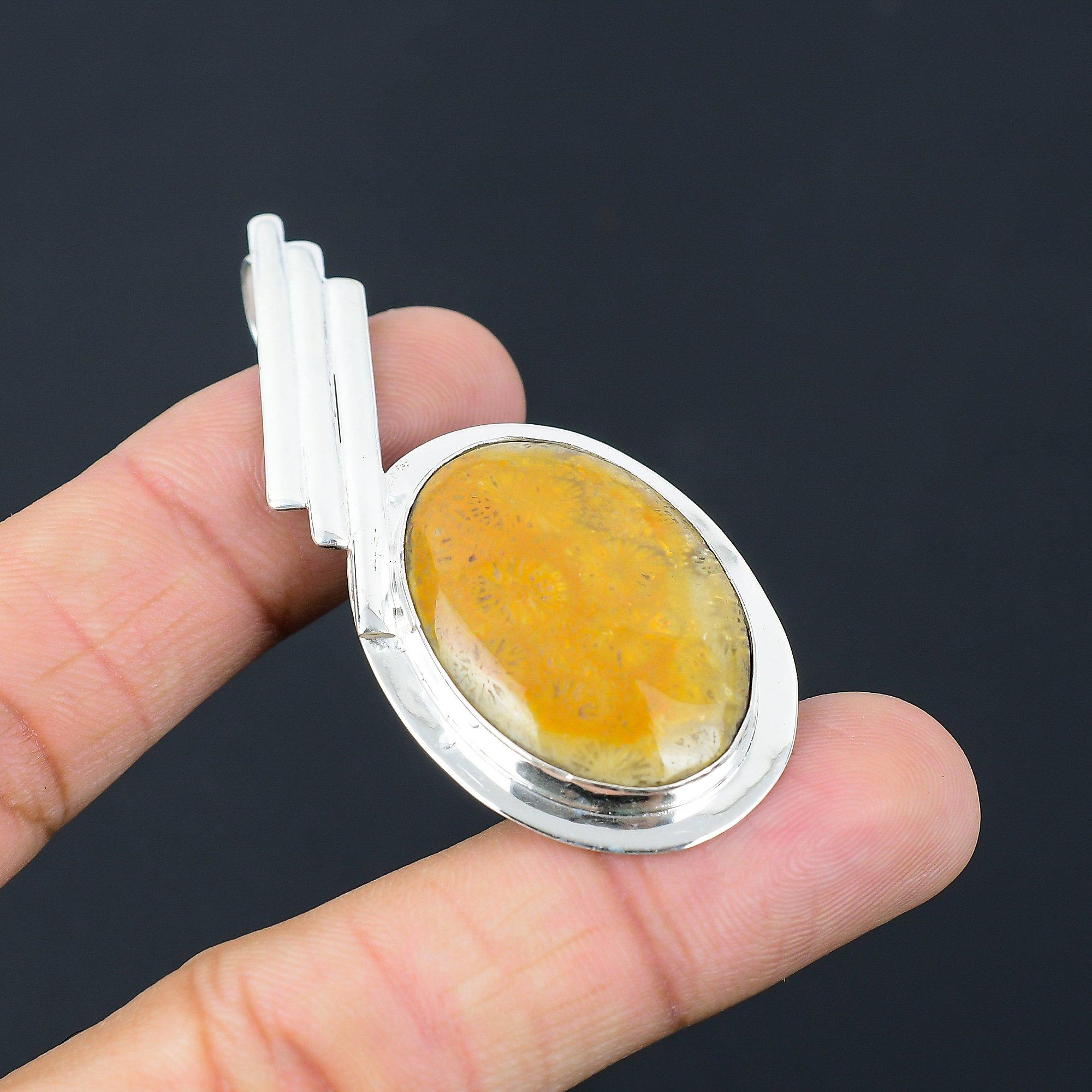 Oval Root Chakra Fossil Coral Stone 925 Sterling Silver New Wife Pendant Jewelry