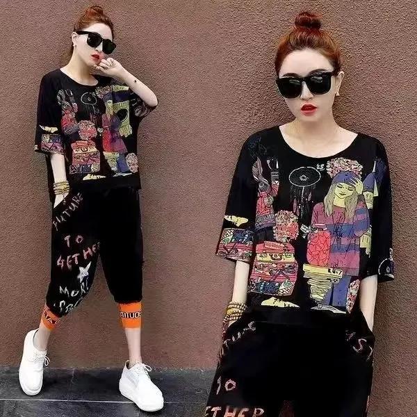 Women  2PC Summer Suit Big Yards T-shirt Pants Two-piece Comfortable Short-sleeved Top and Longs Pants Loose Casual Suit