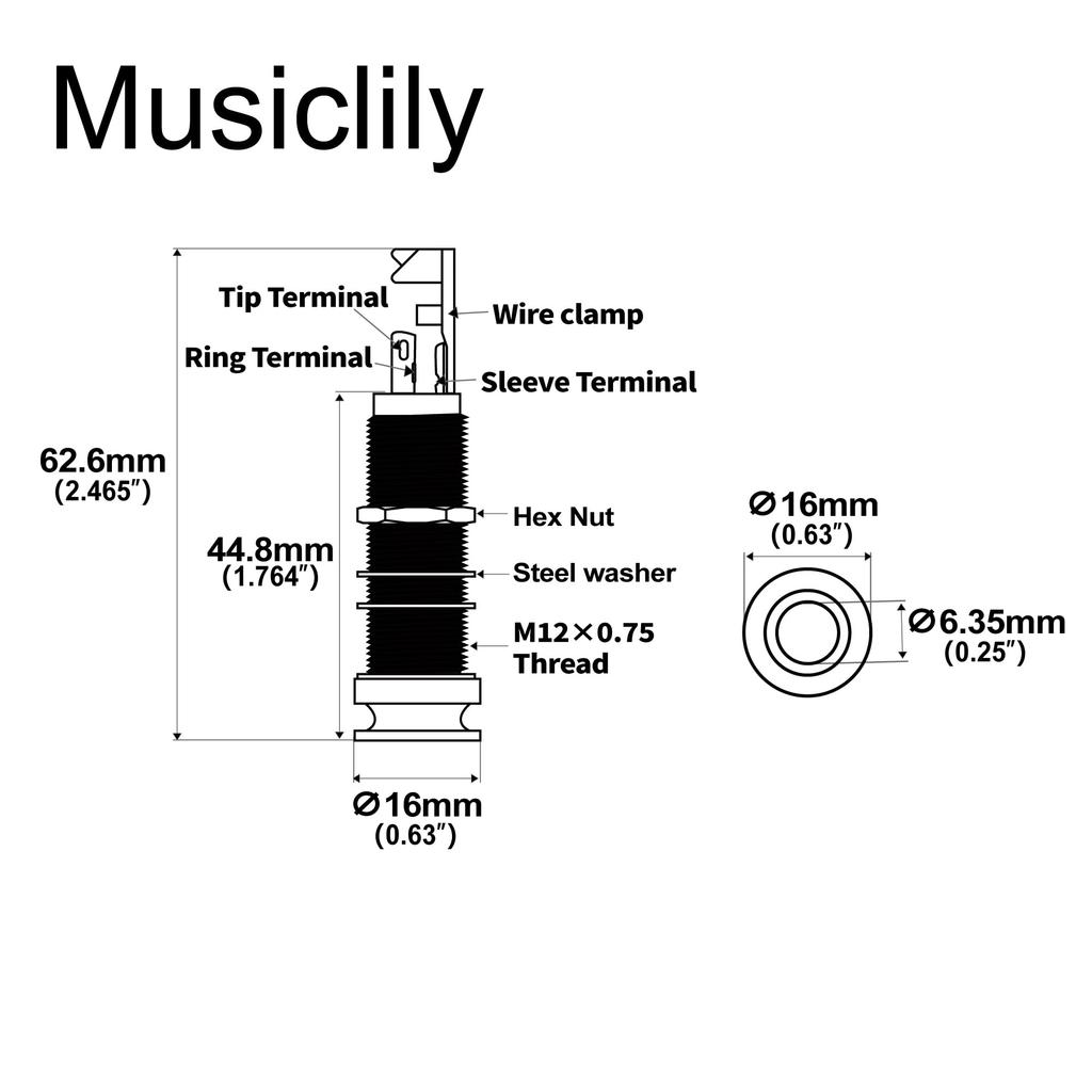 Musiclily Pro 1/4" Mono/Stereo Endpin Output Jack for Acoustic Guitar/Bass, Chrome