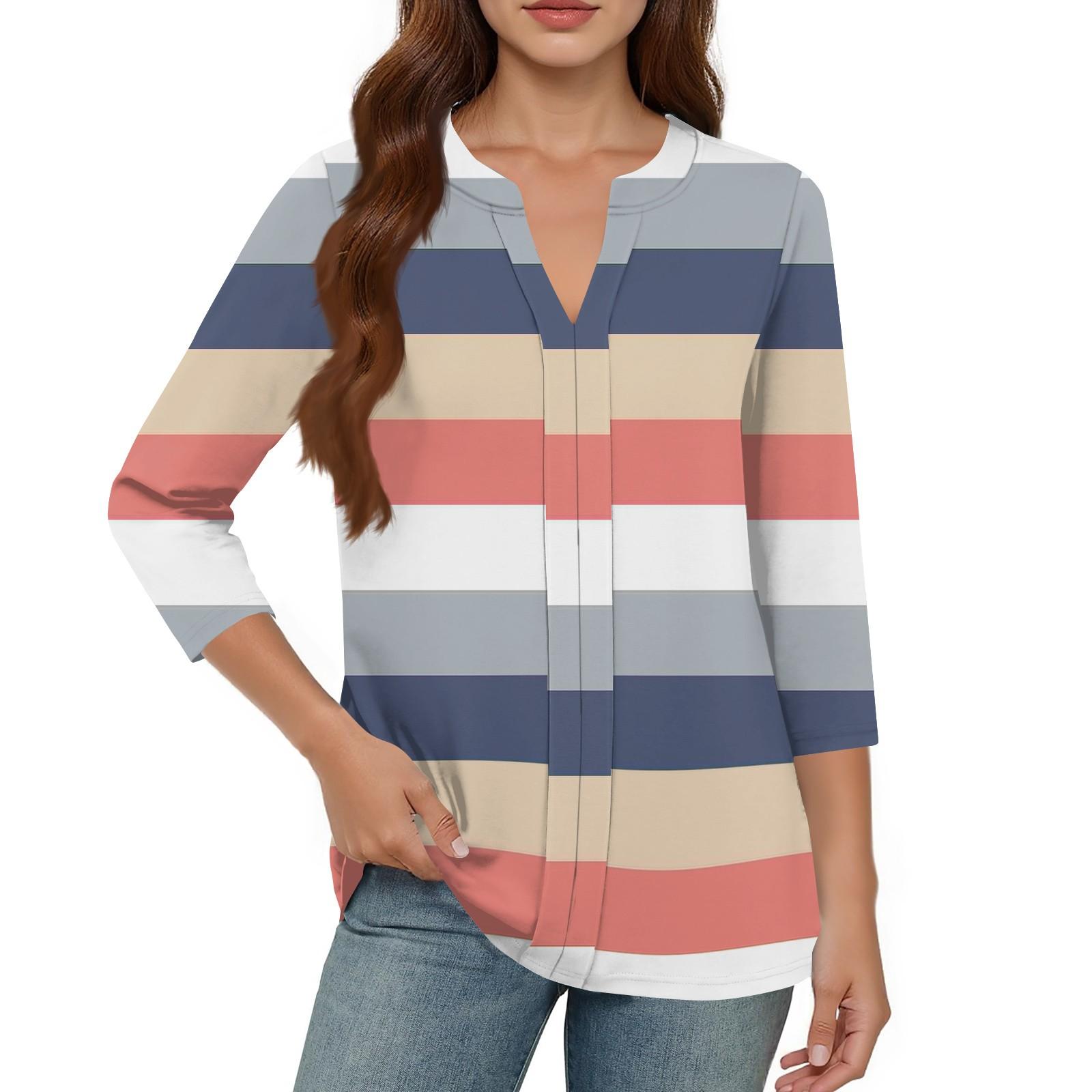 Women s Tops Casual Three-quarter Sleeve Color V-Neck Pleated Loose Top L