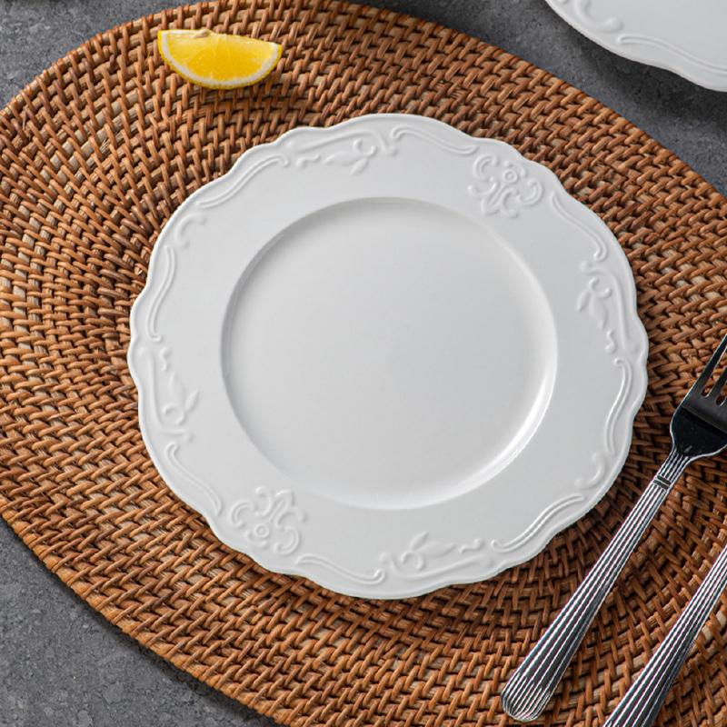 French Style Relief Ceramic Plates New Household 8 Inch Exquisite Cake Dessert Dish Round Vintage Aesthetic Dinner Tableware