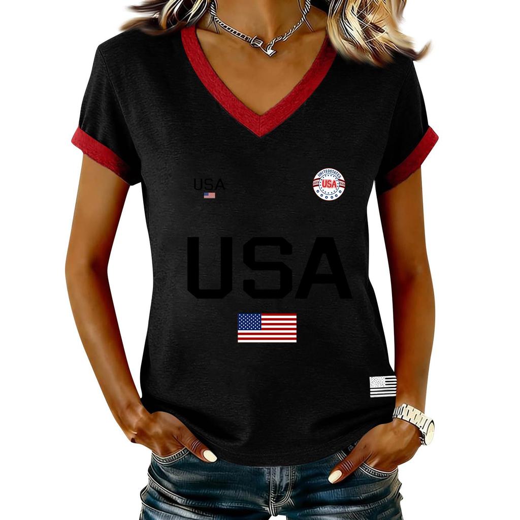 Damen Lässiger V-Ausschnitt Kurzarm Pullover Bedrucktes T-Shirt Top