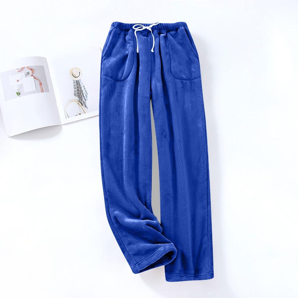 Women's Fuzzy Fleece Wide Leg Pajama Pants Elastic Drawstring Waist Warm Loungewear Sleep Trousers With Pockets
