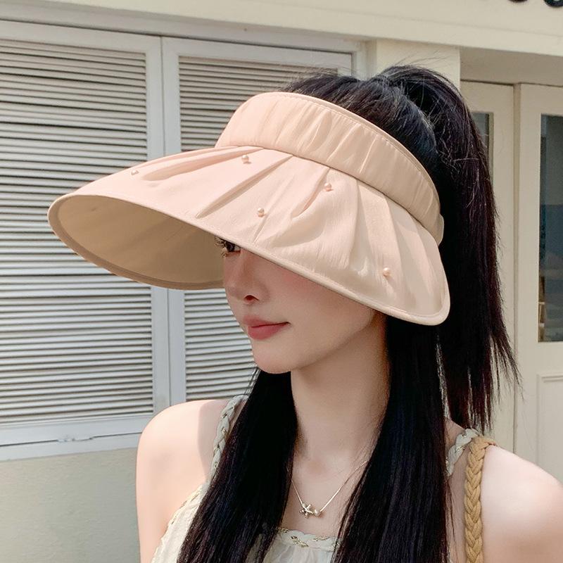 Summer sunscreen hat women's outdoor travel versatile fashion empty top hat pearl pleated big brim sun hat