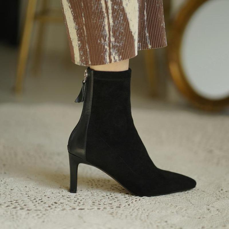 2026 Korean Version Sexy Apricot Pointed 6cm High Heels Short Elastic Ankle Boots for Women