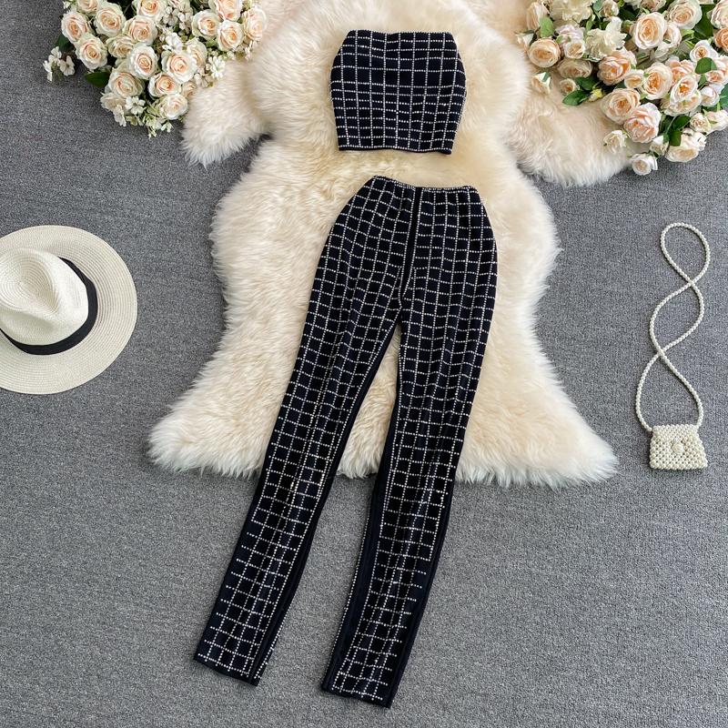 

Легкий костюм RUGOD в знакомом стиле, сексуальный короткий клетчатый топ без рукавов, брюки-карандаш из двух предметов, женские эластичные брюки