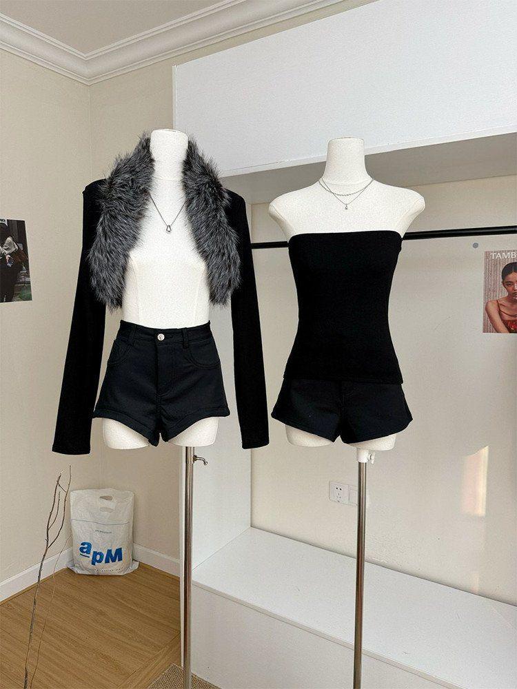 Black Fur Spicy Girl Long Sleeve Cardigan - Women's Autumn/Winter Slim Fit Crop Top with Sexy Design