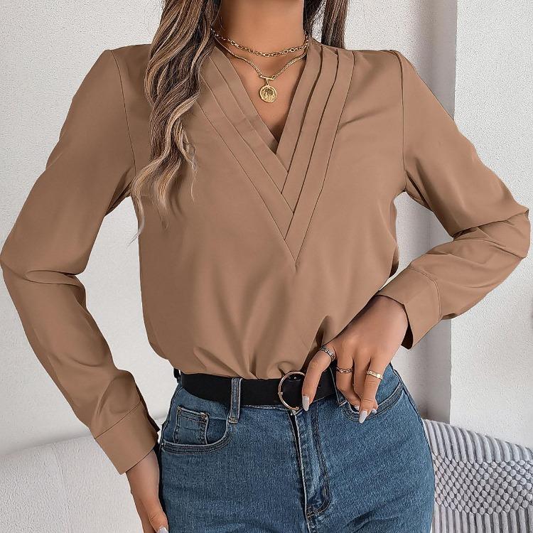Dámská halenka s dlouhým rukávem a výstřihem do V, šifonový top, jednobarevné tričko, streetové oblečení, dámské tričko
