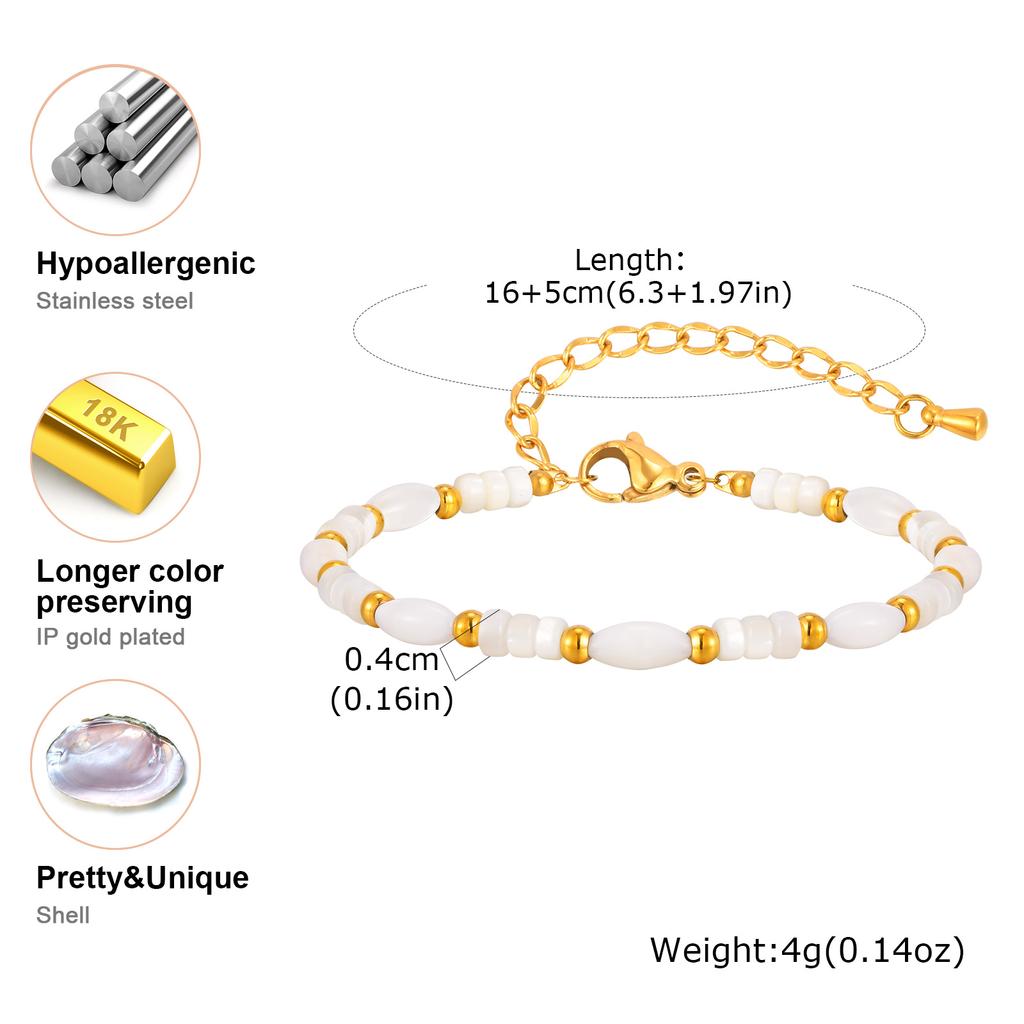 Women's White Shell Beaded Bracelet,Gold Color Stainless Steel Bracelets,Waterproof Charm Jewelry Gift