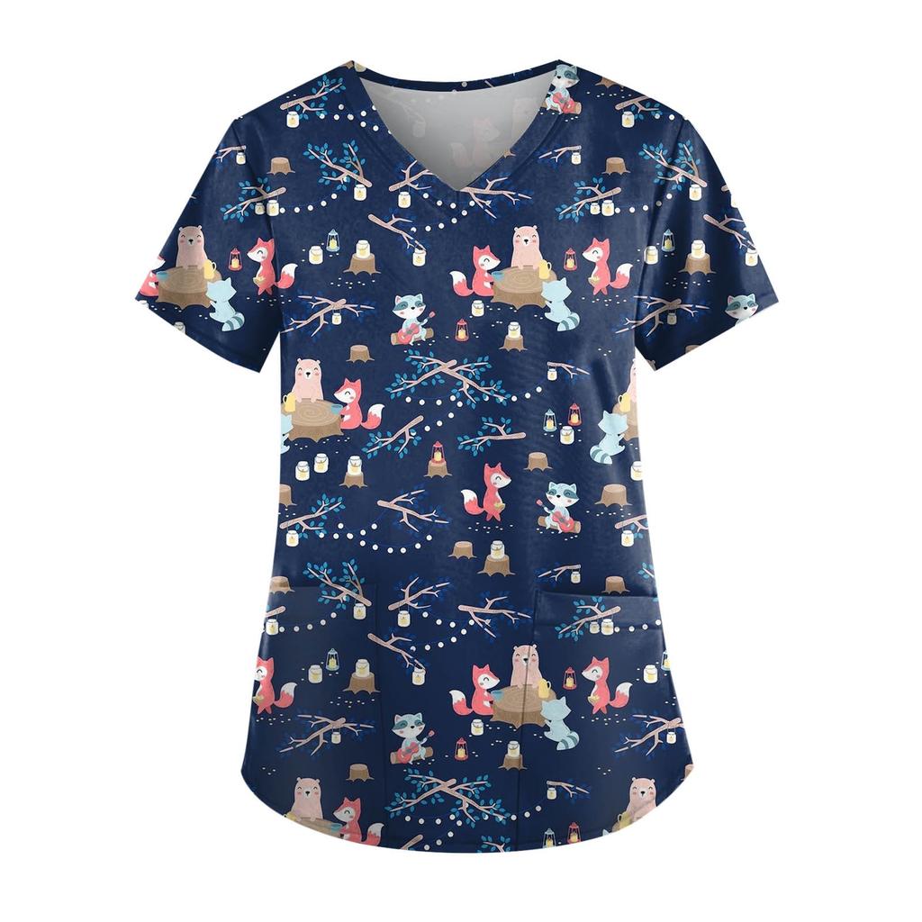 Chemisier imprimé à manches courtes et col en v pour femmes, chemisier avec poche de travail