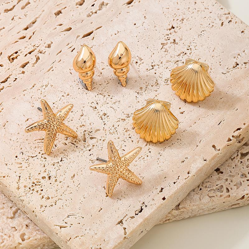 3 Pairs Fashion Holiday Beach Starfish Shell Stud Earrings Sets for Women Vacation Style Summer Geometric Jewelry Party Gift